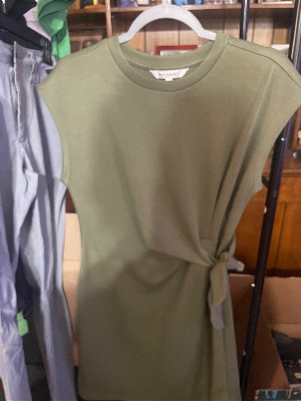 Slim Knot-Detail Olive Sleeveless Dress